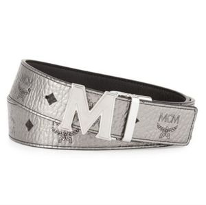MCM Reversible Metallic Silver M-Buckle Monogram Belt Silver/Black Unisex NEW